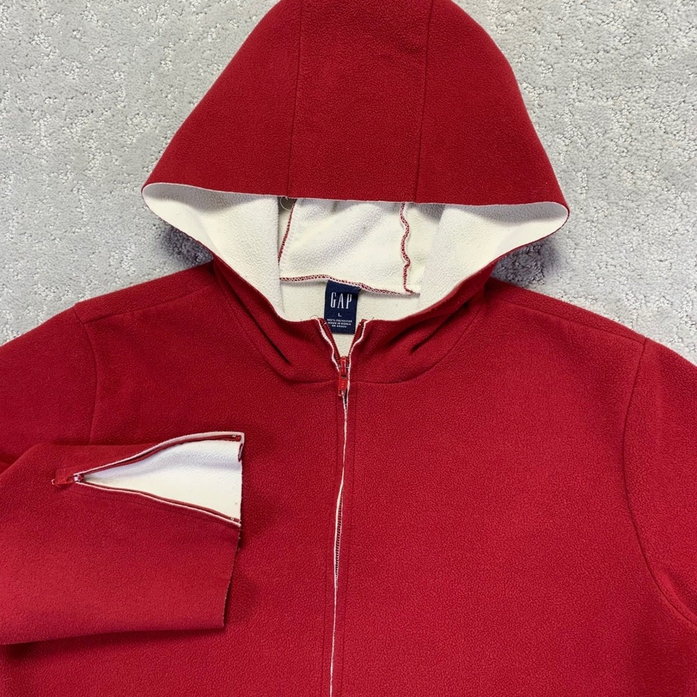 Vintage GAP Womens Hoodie Large Red Fleece Zip Up Pockets Flare Zip Sleeve Y2k